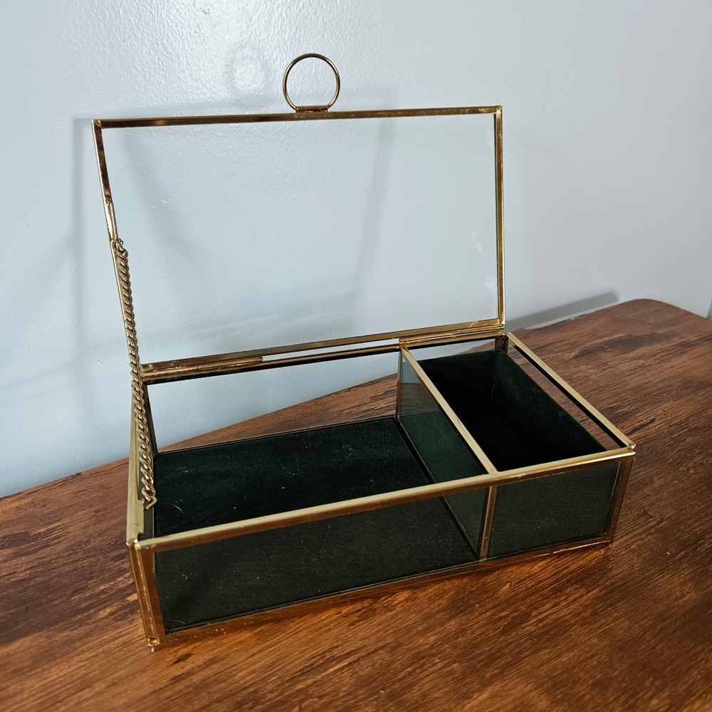 Brass Gold Glass Jewelry Box Green Velvet Lining 2 Compartment Trinket Case